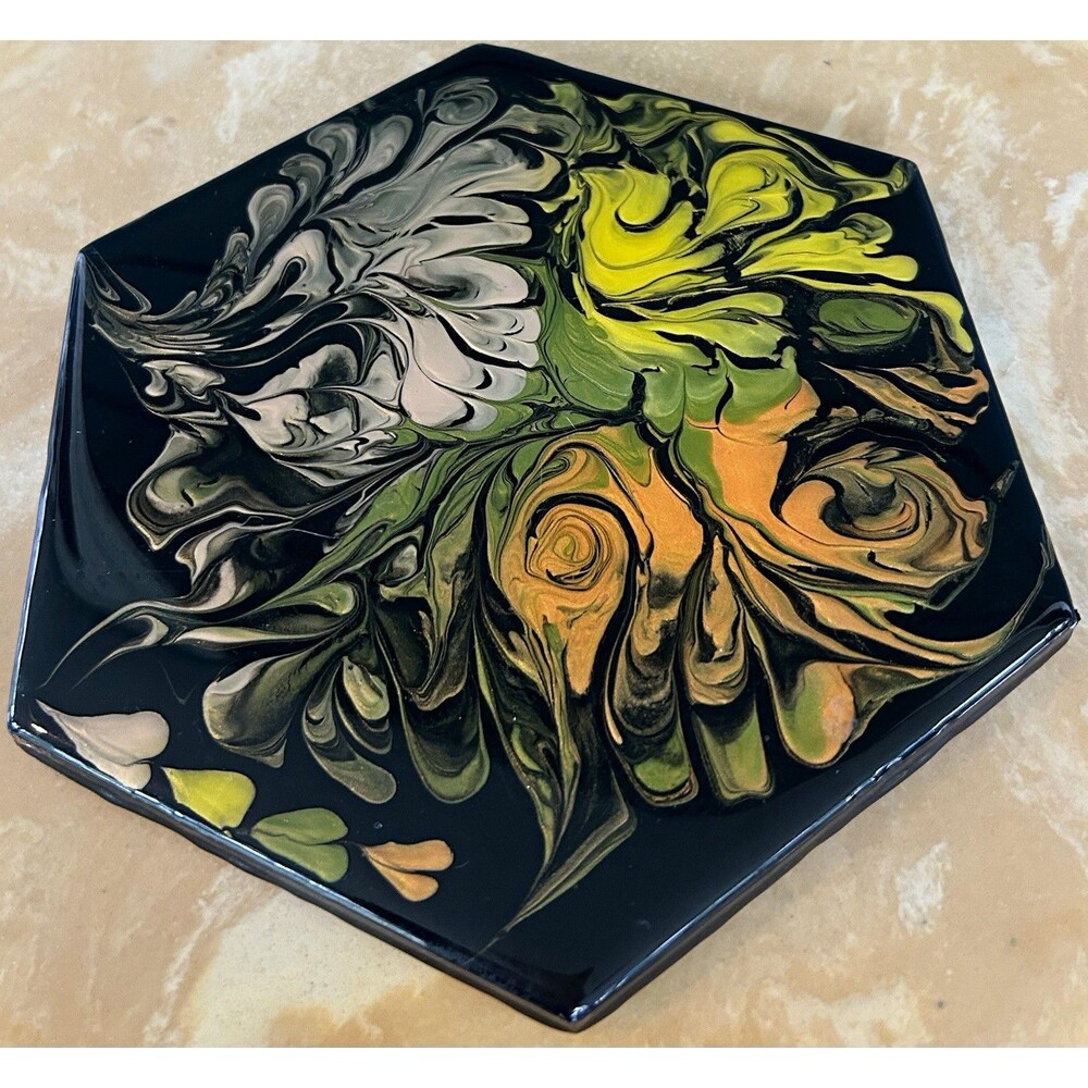 Hexagon Resin Trivet Coaster Abstract Swirl Fluid Art Psychedelic Retro 70s 7 in